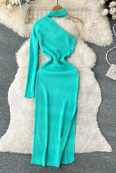 Robe de soirée longue fendue à une épaule en tricot